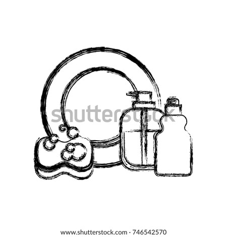 dish and sponge and dishwasher soap in monochrome blurred silhouette vector illustration