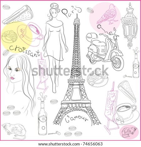 Hand drawn collection of symbols of Paris. Vector illustration