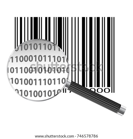 Barcode icon with magnifying glass showing binary data
