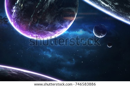 Science fiction wallpaper. Planetary system thousands light years far away from Earth. Elements of this image furnished by NASA Royalty-Free Stock Photo #746583886