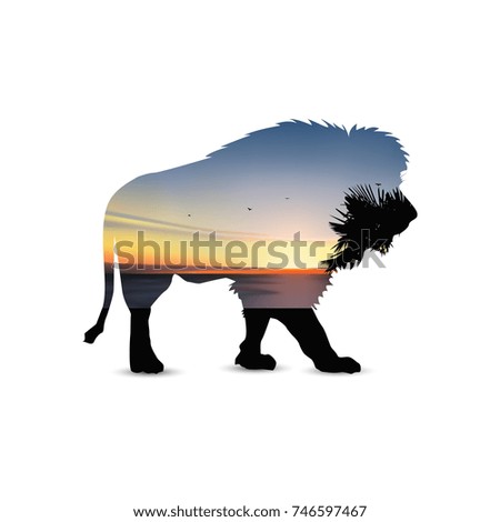 Silhouette of lion with palm trees, sea horizon and colorful sky. 