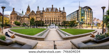 The Peace Gardens are an inner city square in Sheffield, England. It was created as part of the Heart of the City project by Sheffield City Council. Royalty-Free Stock Photo #746604034