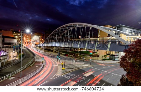 Park Square Bridge, also known as the Supertram Bridge, is a prominent bridge in the City of Sheffield, England. Royalty-Free Stock Photo #746604724
