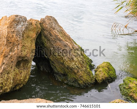 Stones are covered with green moss in lake in background. Authentic landscape.
