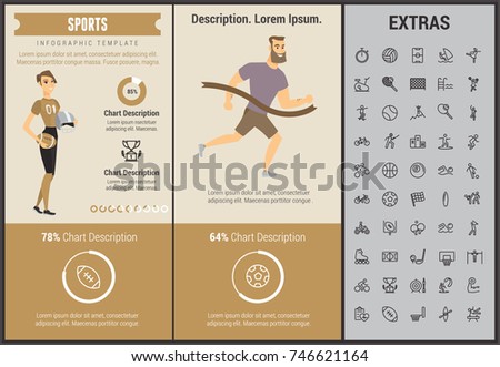 Sports infographic template, elements and icons. Infograph includes customizable graphs, charts, line icon set with sport equipment, sports field, competitive games, champion pedestal, athlete etc.