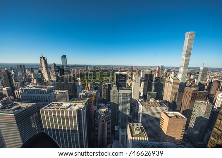 Aerial view of Central Park and Times Square, New York CIty at sunset