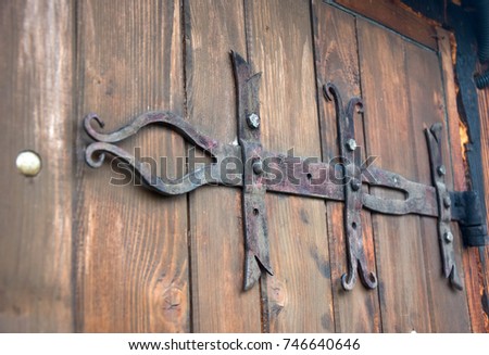 Vintage ornate iron door hinge / bracket on the old wooden door. Selective focus.