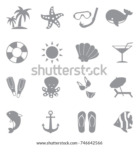 Sea Icons. Gray Flat Design. Vector Illustration. 