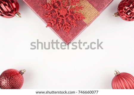 Christmas flat lay concept. Decoration ornaments, balls, gift boxes arranged as a background.
