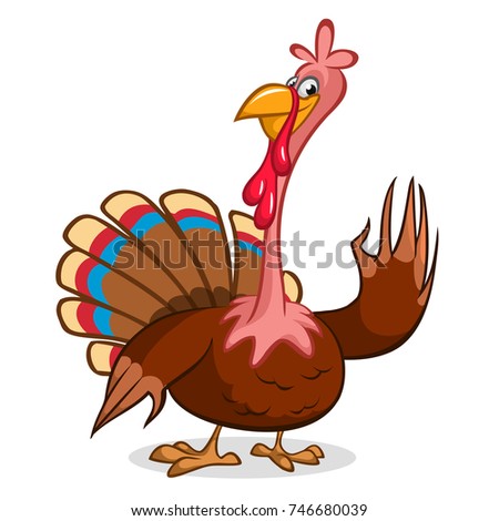 Cartoon illustration of a happy cute thanksgiving turkey character waving hello. Outlines. Vector illustration isolated