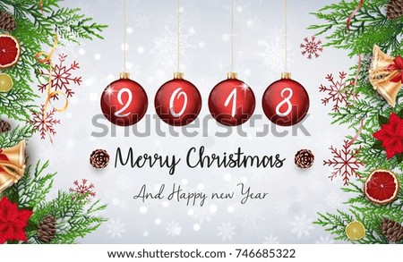 Vector illustration of Merry christmas and happy new year 2018 with red christmas balls and fir branches