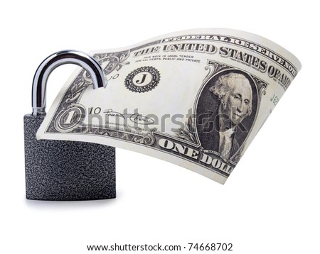 Color photo of a metal padlock and dollar