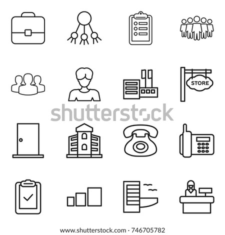 thin line icon set : portfolio, share, clipboard, team, group, woman, store, signboard, door, building, phone, check, sorting, hotel, reception