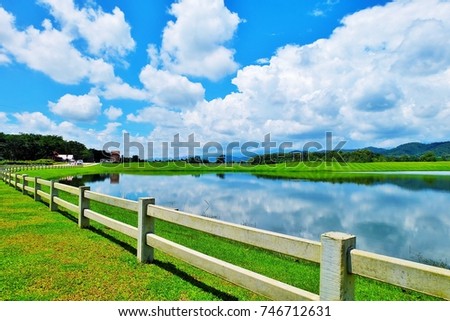 Background image of lush grass field  under blue sky and cloud and shadow reflect in lake , agricultural landscape,Thailand.