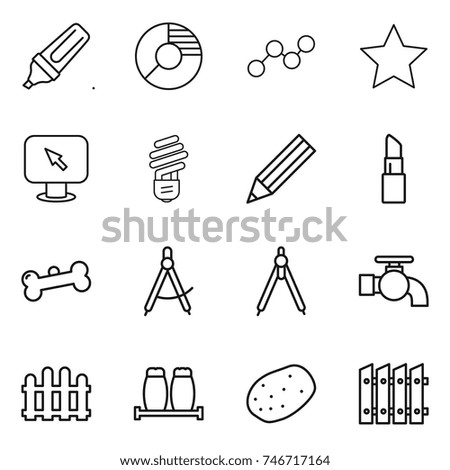 thin line icon set : marker, circle diagram, graph, star, monitor arrow, bulb, pencil, lipstick, bone, draw compass, drawing compasses, water tap, fence, salt pepper, potato