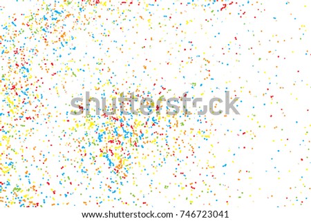 Particle spray, dust and dots, random molecules. Colour on white explosion of glitter and sparkles. Grainy textured template design for craft paper, birthday card, holidays invitation flyer. Vector.
