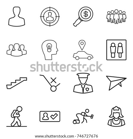 thin line icon set : man, target audience, dollar magnifier, team, group, bulb head, car pointer, wc, stairs, do not trolley sign, security, deltaplane, tourist, check in, vacuum cleaner