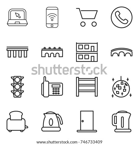 thin line icon set : notebook, phone wireless, cart, bridge, modular house, traffic light, rack, disco ball, toaster, kettle, door
