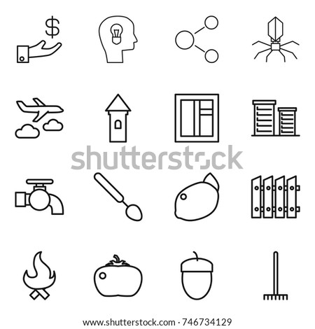 thin line icon set : investment, bulb head, molecule, virus, journey, tower, window, district, water tap, big spoon, lemon, fence, fire, tomato, acorn, rake