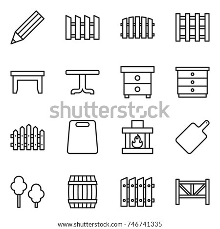 thin line icon set : pencil, fence, pallet, table, nightstand, chest of drawers, cutting board, fireplace, trees, barrel, farm