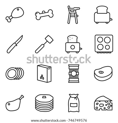 thin line icon set : chicken leg, bone, Chair for babies, toaster, knife, meat hammer, hob, plates, cereals, pasta, steake, pancakes, flour, cheese