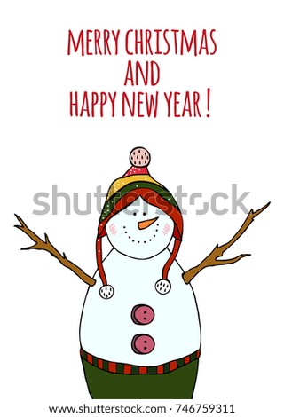 Vector post cards with Christmas and new year illustration. Winter design with cartoon snowman. Xmas design
