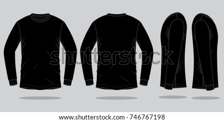 Black Long Sleeve T-shirt Template On Gray Background.Front,Back and Side View, Vector File