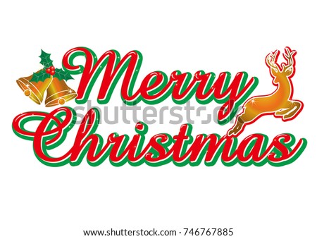 Merry Christmas, a red cursive Merry Christmas logo, reindeer and bell illustration, vector data