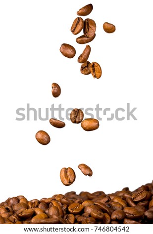 roasted coffee beans, food and drinks,  falling on heap of coffee, isolated on white background