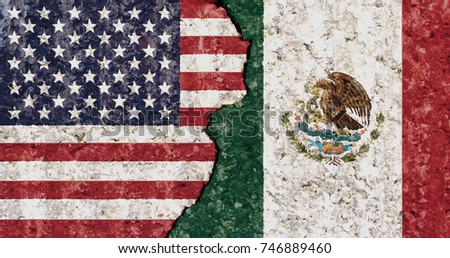 USA Mexico flag cracked wall background