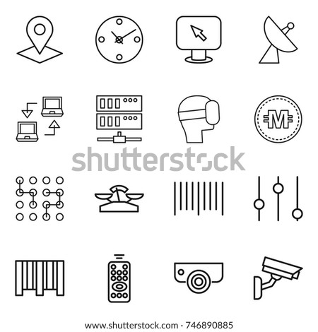 thin line icon set : pointer, clock, monitor arrow, satellite antenna, notebook connect, server, virtual mask, crypto currency, chip, scales, bar code, equalizer, remote control, surveillance camera