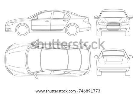 Sedan car in outline. Business sedan vehicle template vector isolated on white. View front, rear, side, top. All elements in groups Royalty-Free Stock Photo #746891773