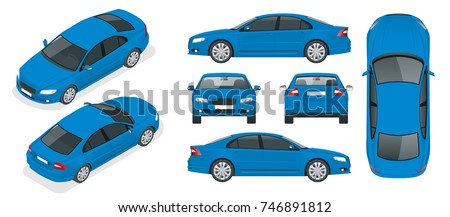 Set of Sedan Cars. Isolated car, template for branding and advertising. Front, rear , side, top and isometry front and back Change the color in one click Royalty-Free Stock Photo #746891812