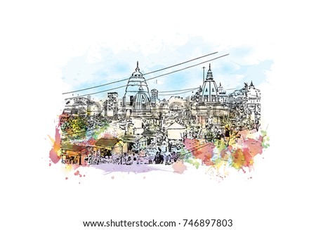 Watercolor sketch with splash of Ganga Uttarakhand, India in vector illustration. 