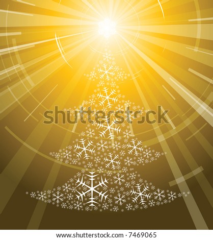 Golden christmas tree made from snowflakes