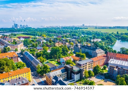 Aerial view of the Christiania neighborhood in Copenhagen, Denmark.
