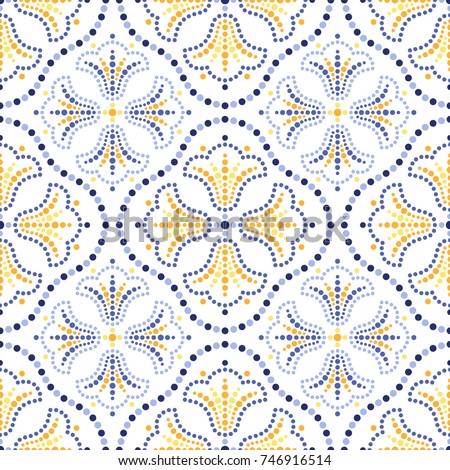 Traditional Portugal azulejos inspired seamless pattern for wall and floor home ceramic design. Dotted blue, yellow and orange print of beads in trellis and mosaic tulip flowers.  Vector Illustration. Royalty-Free Stock Photo #746916514