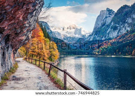 Peaceful autumn scene of Vorderer ( Gosausee ) lake with Dachstein glacieron background. Picturesque morning view of Austrian Alps, Upper Austria, Europe. Traveling concept background. Royalty-Free Stock Photo #746944825