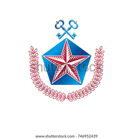 Ancient pentagonal Star emblem decorated with keys and laurel wreath, security theme. Heraldic vector design element, guard symbol.  Retro style label, heraldry logo.