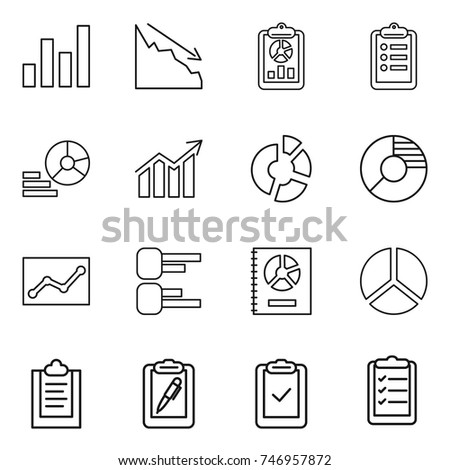 thin line icon set : graph, crisis, report, clipboard, diagram, circle, statistics, annual, pen, check, list