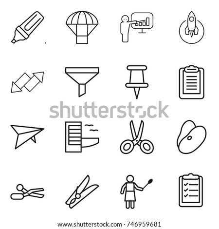 thin line icon set : marker, parachute, presentation, rocket, up down arrow, funnel, pin, clipboard, deltaplane, hotel, scissors, beans, clothespin, woman with duster, list