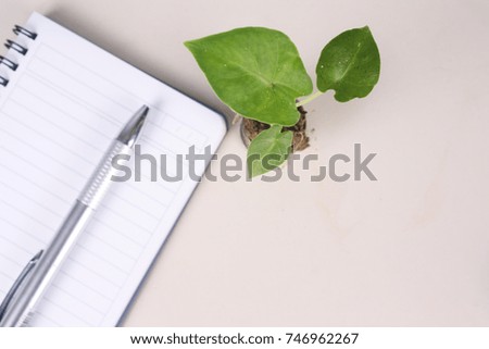 Photo for the desk from top of the view. the plants, note book reminder, mobile and pen on the desk.