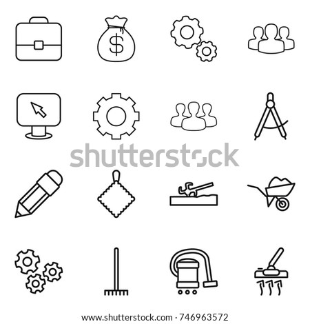 thin line icon set : portfolio, money bag, gear, group, monitor arrow, draw compass, pencil, rag, soil cutter, wheelbarrow, gears, rake, vacuum cleaner