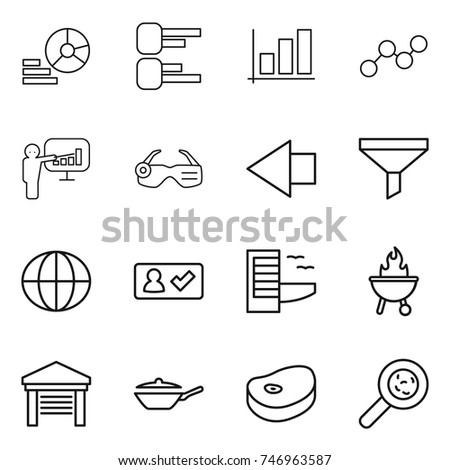 thin line icon set : diagram, graph, presentation, smart glasses, left arrow, funnel, globe, check in, hotel, bbq, garage, pan, steake, viruses