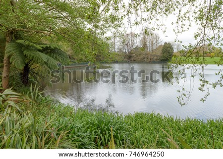 A lake surrounded by lush greenery in Hamilton Botanical Gardens New Zealand