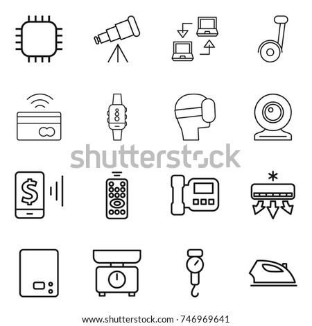 thin line icon set : chip, telescope, notebook connect, segway, tap to pay, smart watch, virtual mask, web cam, mobile, remote control, intercome, air conditioning, kitchen scales, handle, iron