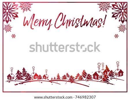 Sparkling silhouette frame with winter village and greeting text "Merry Christmas!". Forest, snowflakes. Vector clip art.