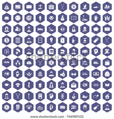 100 philanthropy icons set in purple hexagon isolated  illustration