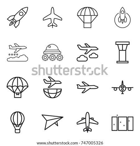 thin line icon set : rocket, plane, parachute, weather management, lunar rover, journey, airport tower, delivery, shipping, air ballon, deltaplane, airplane, clean window