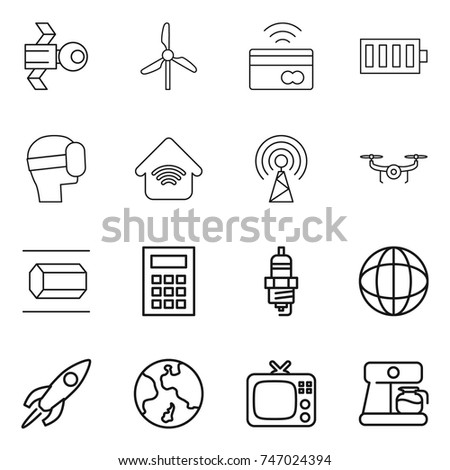thin line icon set : satellite, windmill, tap to pay, battery, virtual mask, wireless home, antenna, drone, nano tube, calculator, spark plug, globe, rocket, earth, tv, coffee maker